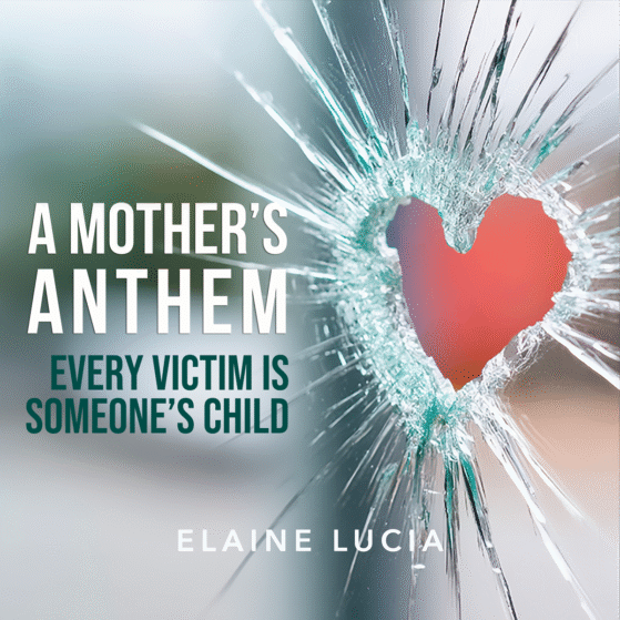 Heart-shaped bullet hole shatters glass, with the title: "A Mother's Anthem - Every Victim is Someone's Child